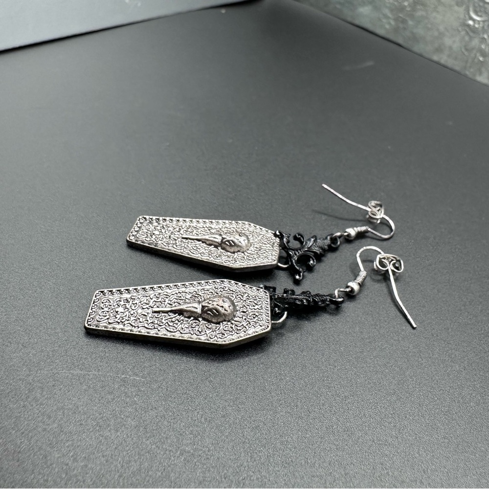 Gothic Coffin Dangle Earrings in Silver and Black - Picture 3 of 6